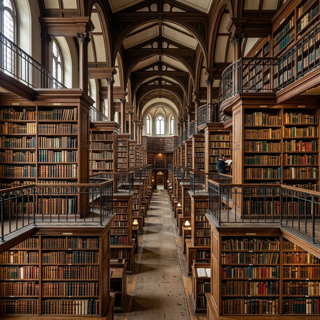 Amplio archivo de la biblioteca con hileras infinitas de libros
