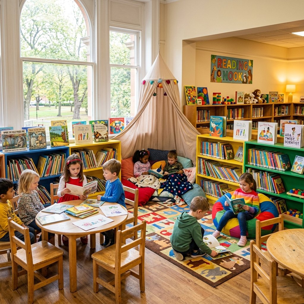 Sección infantil con libros coloridos y muebles a escala