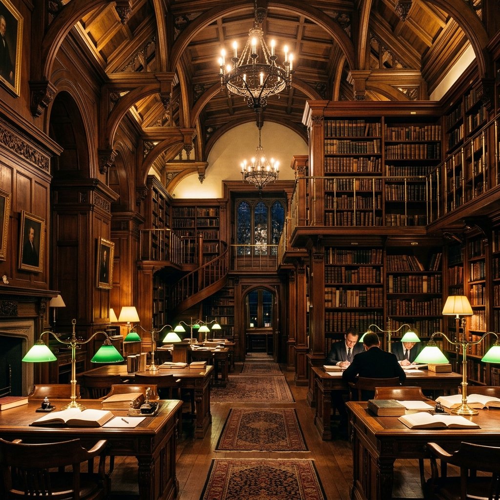 Sala de lectura interior con estanterías y lámparas de banquero