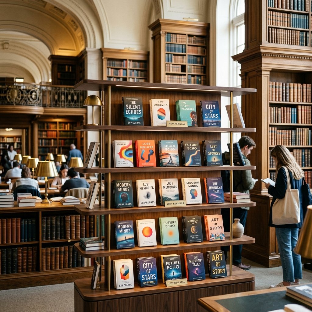 Exhibición de libros nuevos con portadas modernas