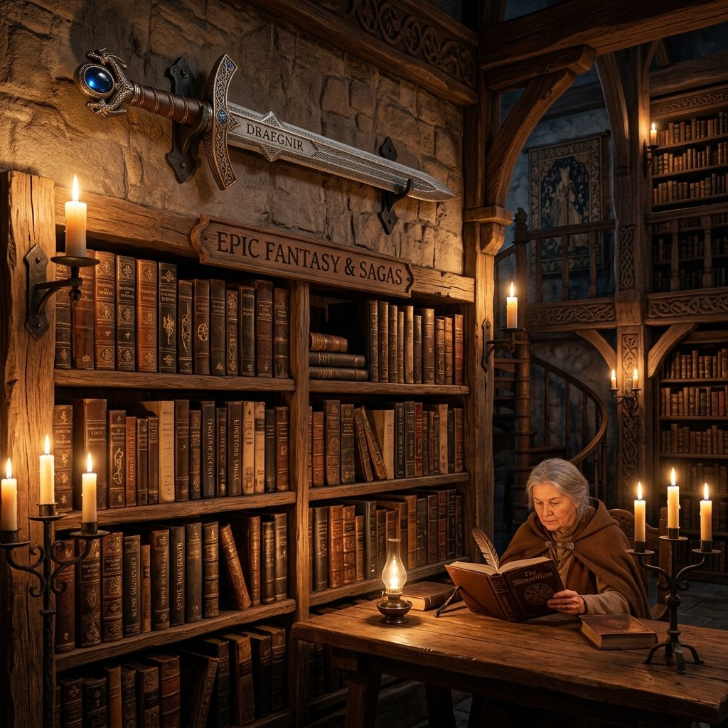 Estanterías con tomos de sagas de fantasía y velas